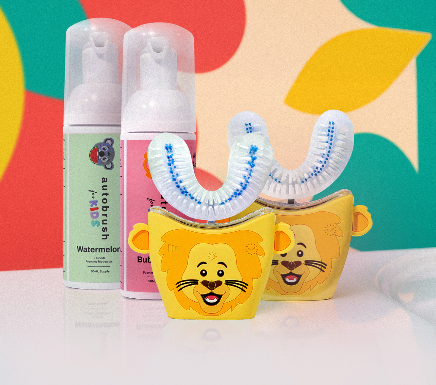 Two kids U-shape toothbrushes with cartoon characters and toothpaste. #siblingpack