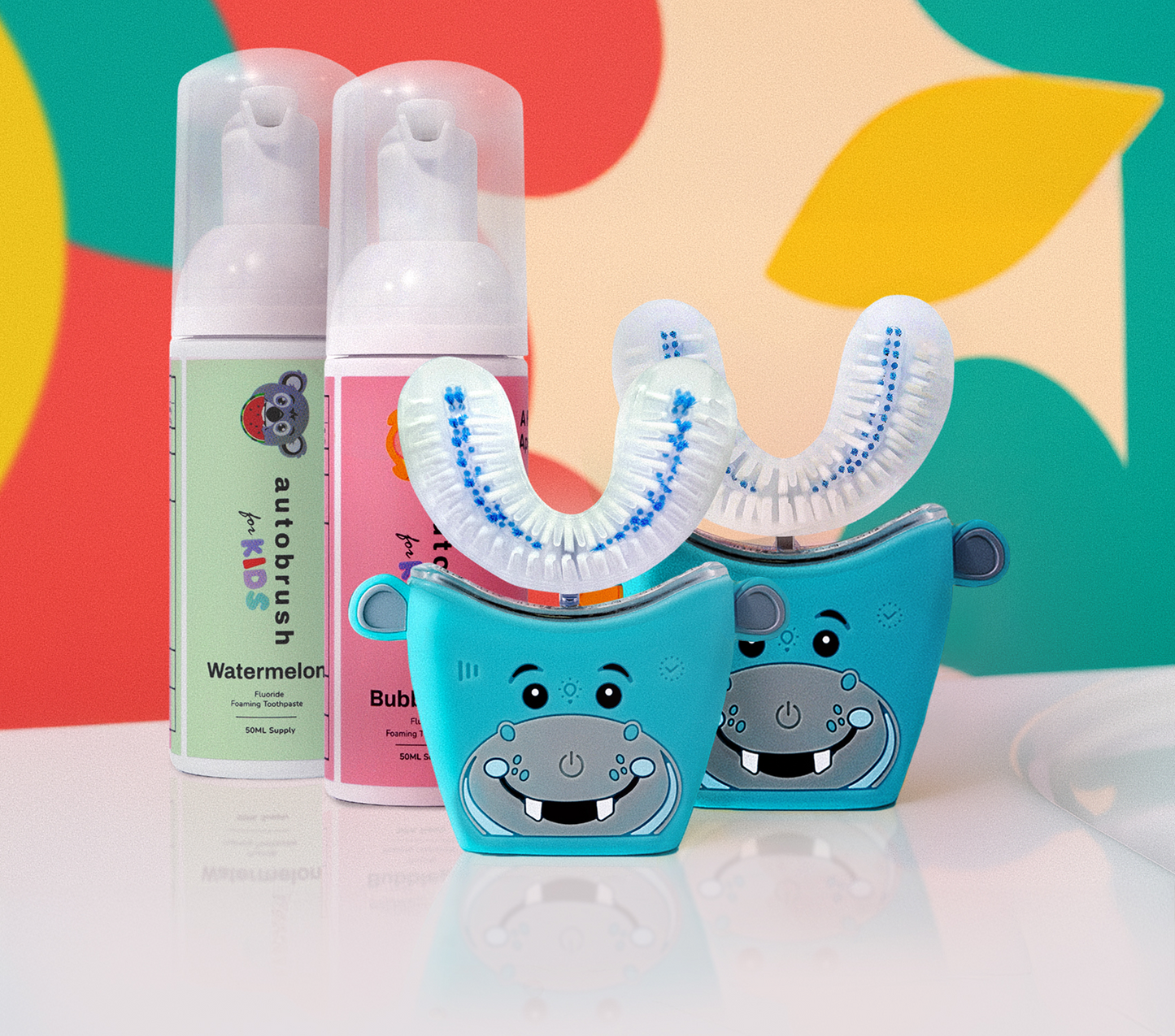 Two kids U-shape toothbrushes with cartoon characters and toothpaste. #siblingpack