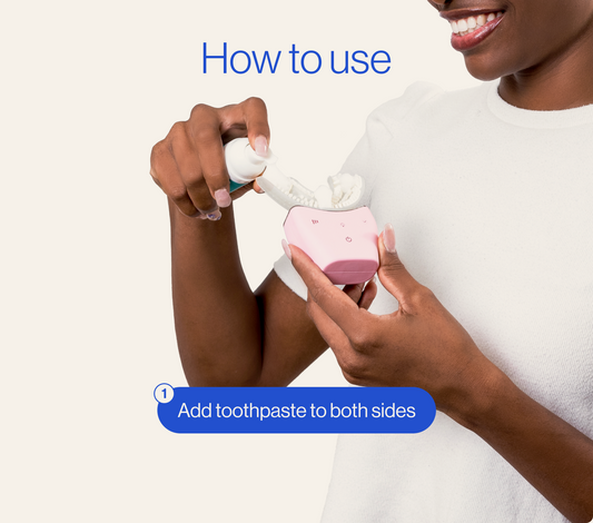 Person using a toothpaste dispenser with text on how to use it. PDP context and explanatory images.