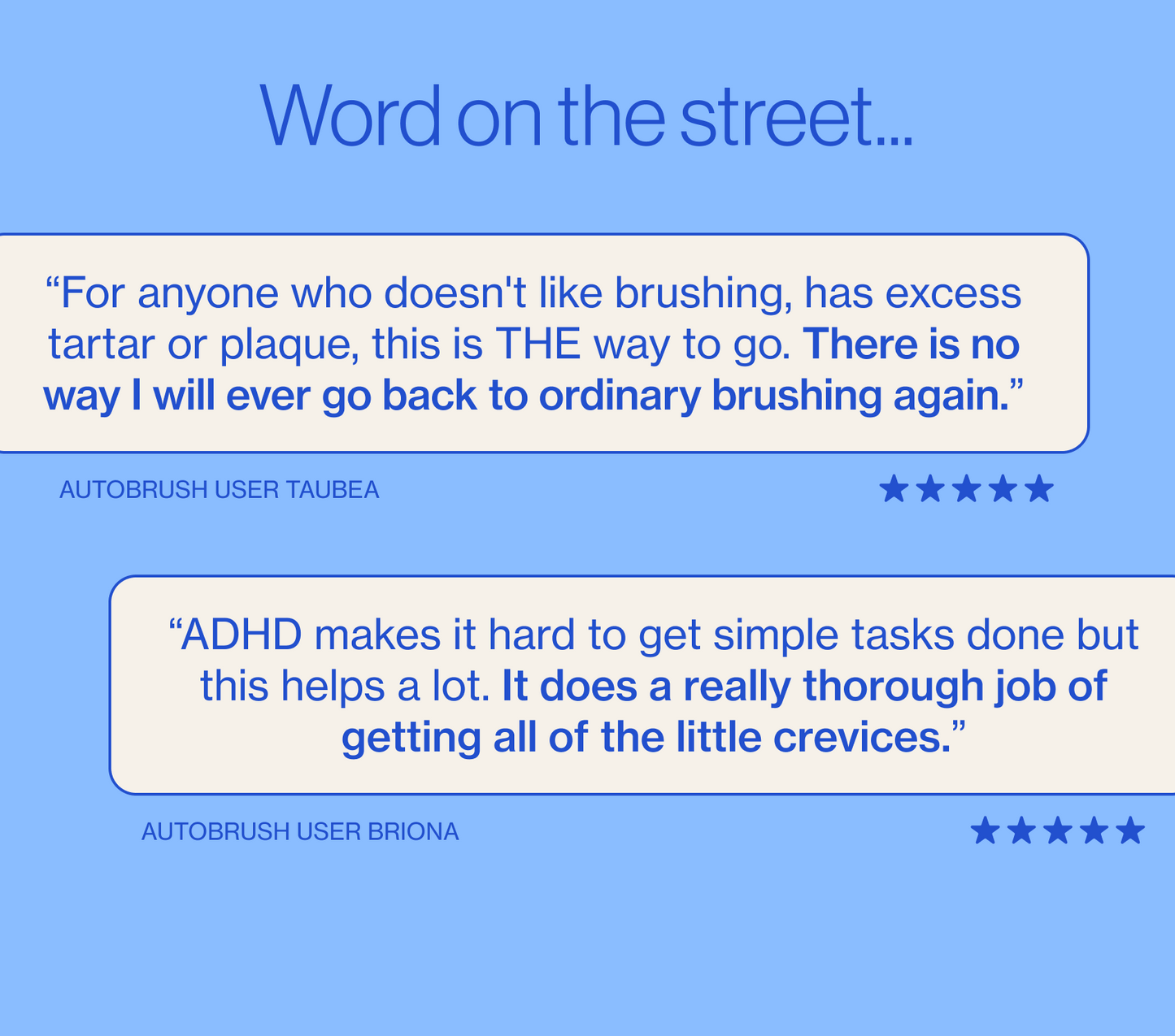 Two reviews about a dental cleaning product on a blue background. PDP context and explanatory images.