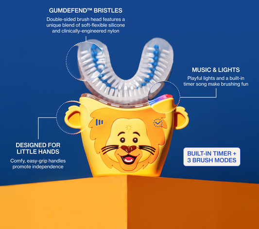 Children's toothbrush with lion design. PDP context and explanatory images.
