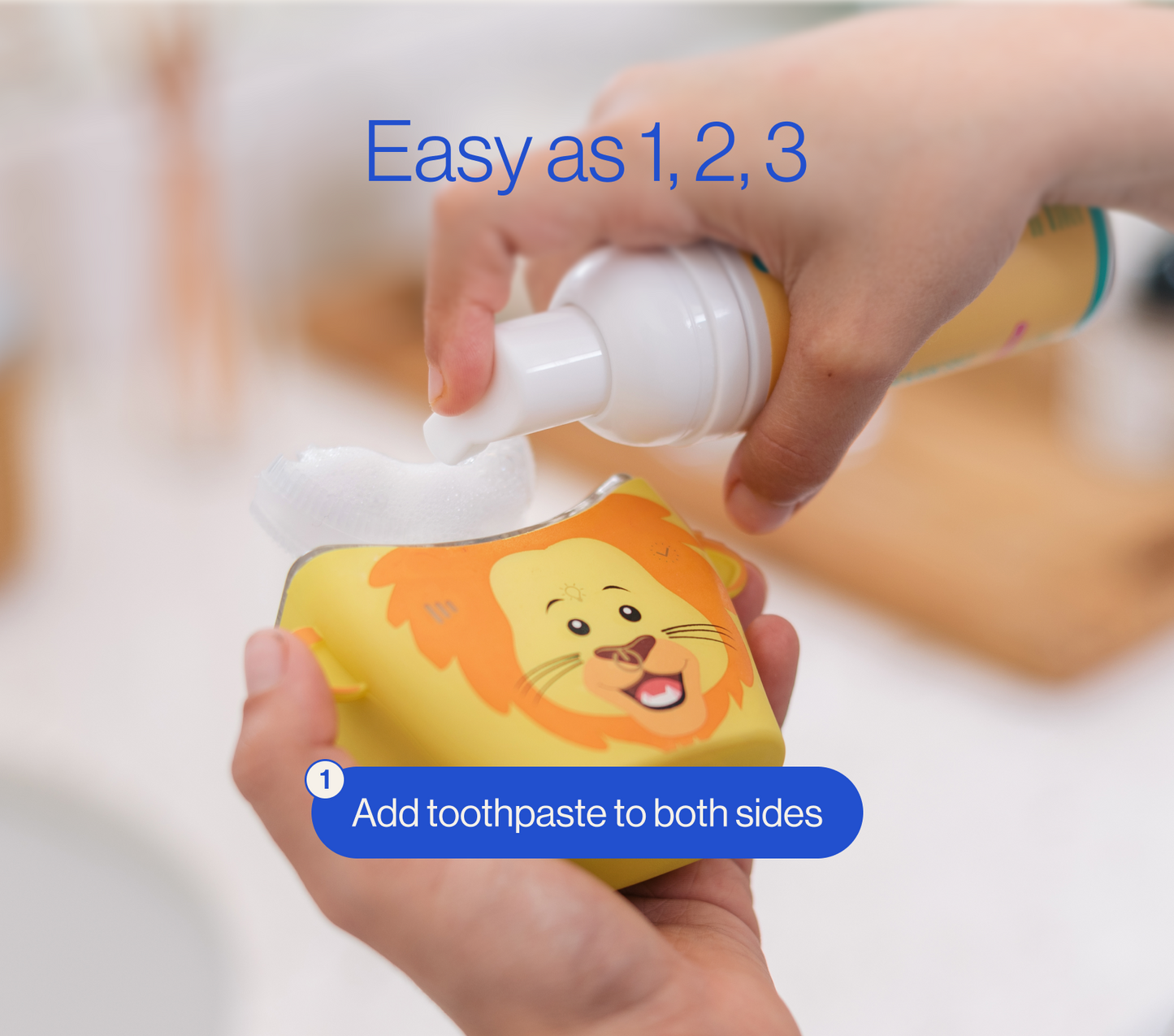 Hand holding a children's toothpaste tube with lion design, labeled 'Easy as 1, 2, 3'. PDP context and explanatory images.