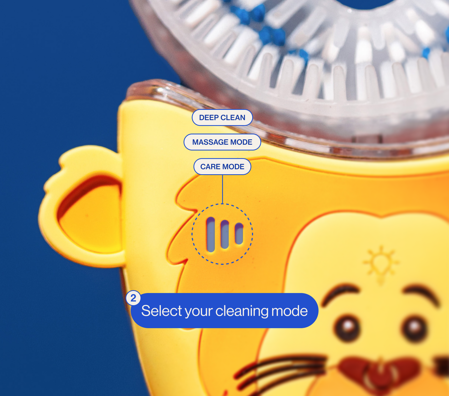Autobrush with cartoon face and mode selection buttons on a blue. PDP context and explanatory images.