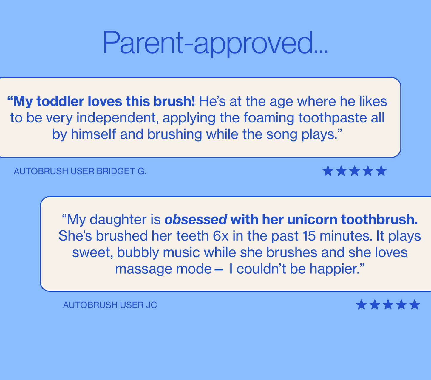 Product reviews for a toothbrush on a blue background. PDP context and explanatory images.