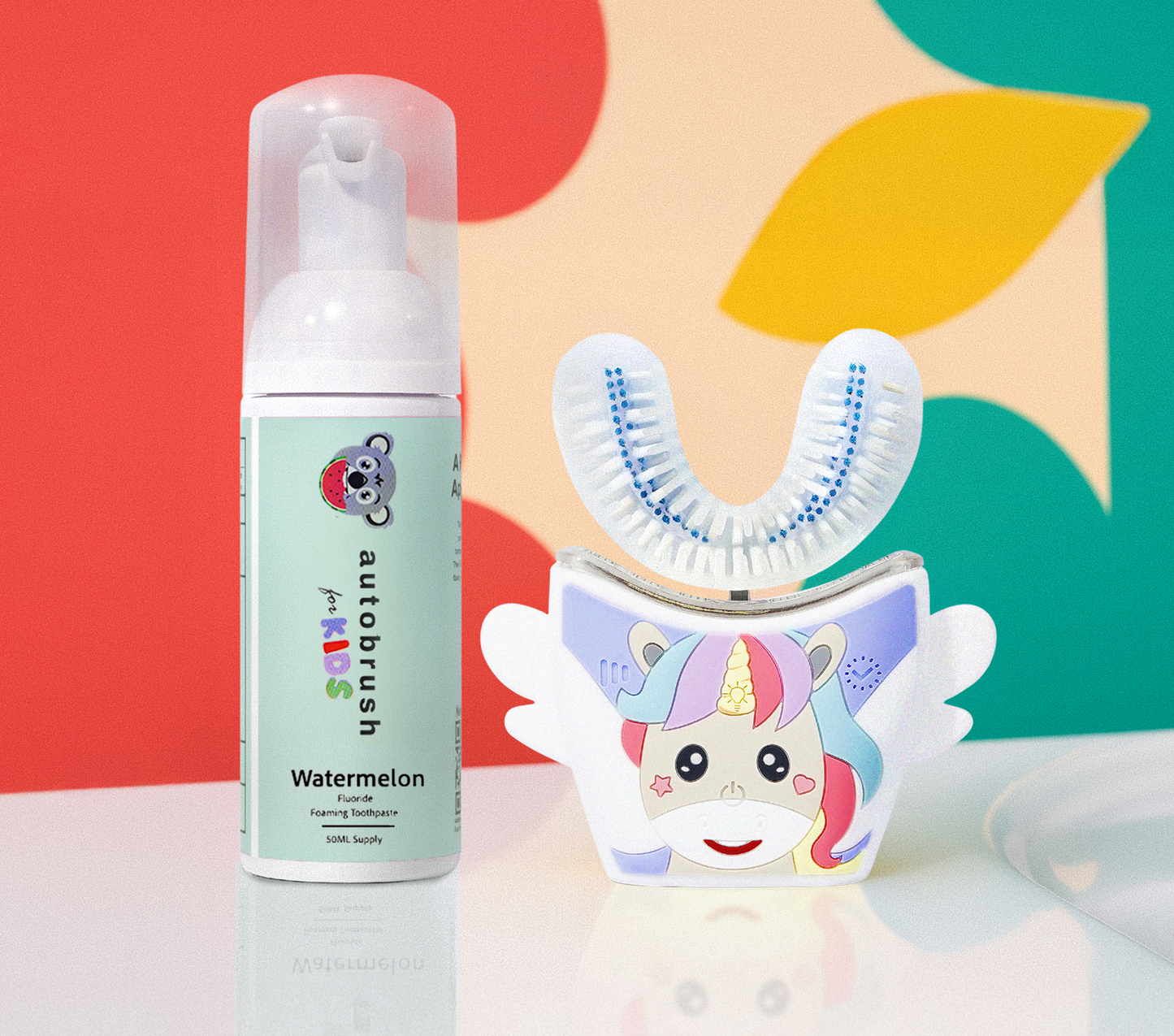 Children's toothbrush and cleaning solution with a colorful background. #sonicprokidsbundle