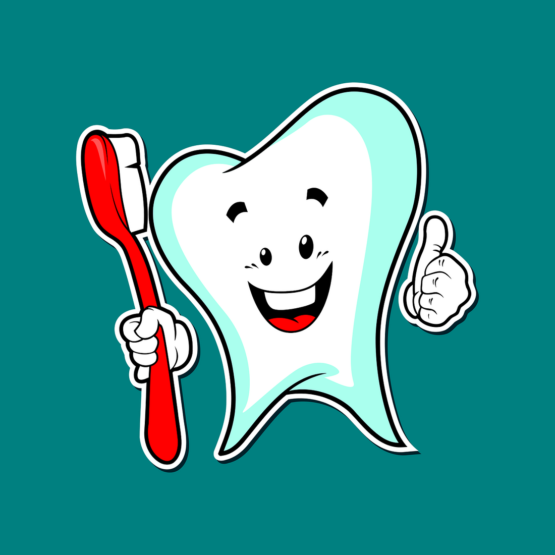 Smiling cartoon tooth holding a red toothbrush, for AutoBrush