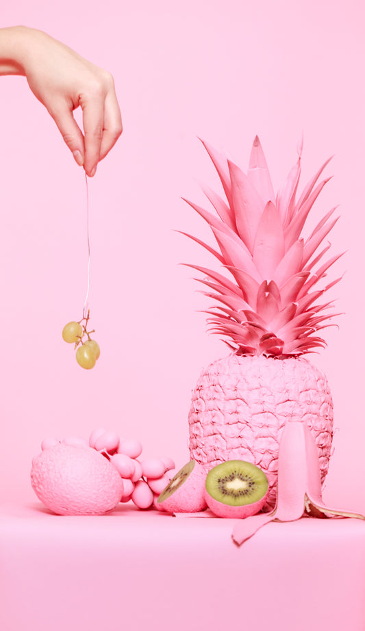 Pink pineapple, grapes, lemon, kiwi and banana, for Autobrush
