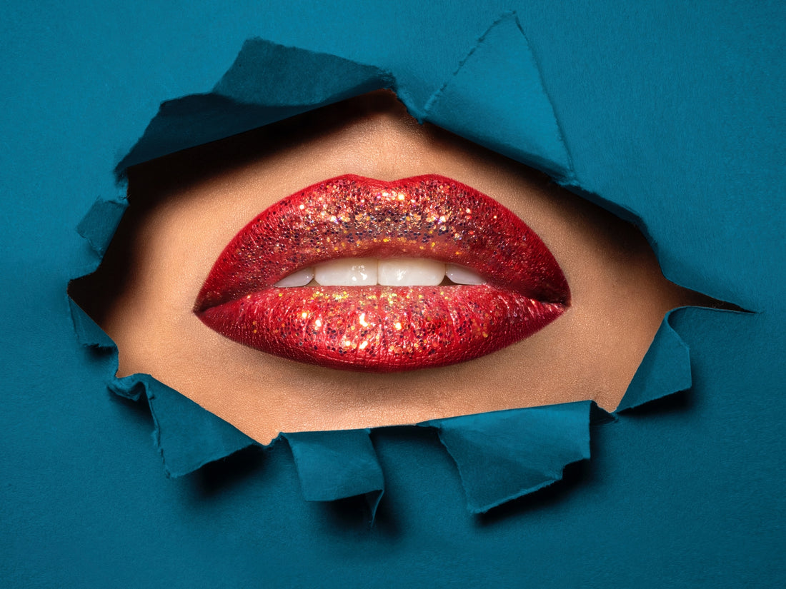 Lips with glitter lipstick on blue background, for AutoBrush