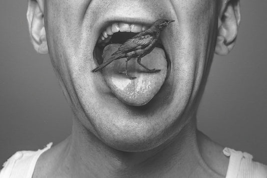 Man with an open mouth with a black bird on his tongue, for AutoBrush