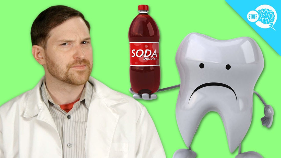 Man in lab coat with cartoon tooth holding a bottle of soda, for AutoBrush blog