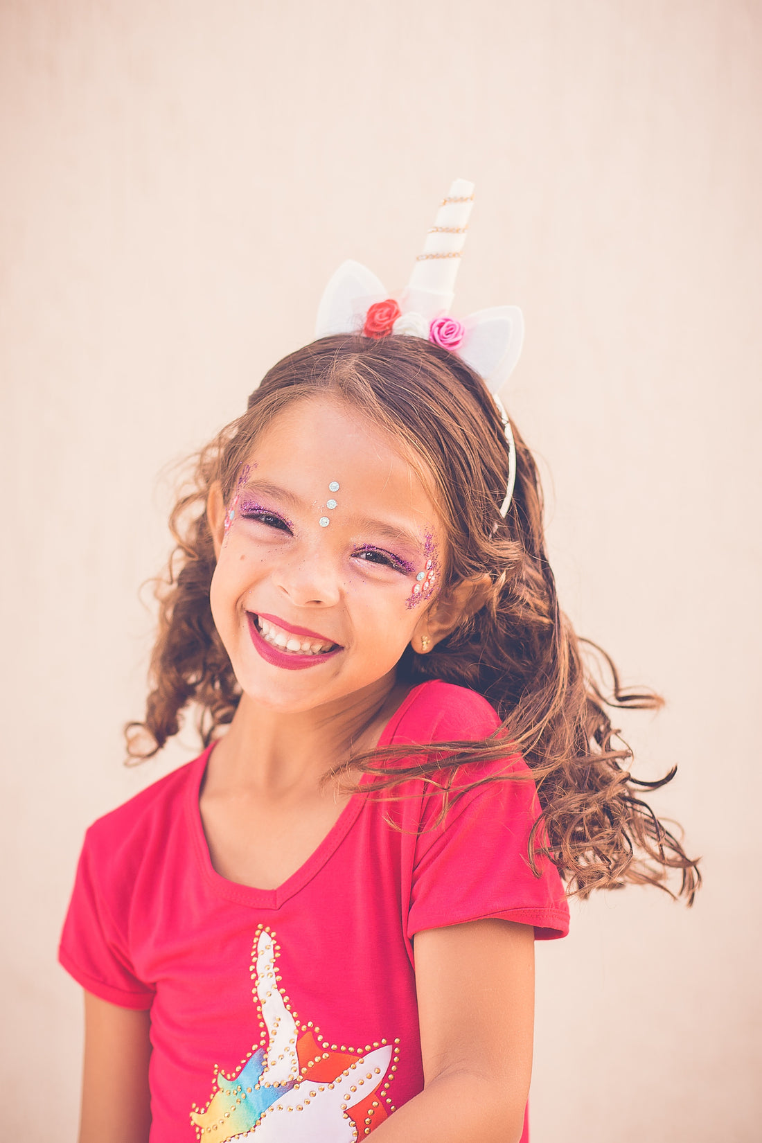 Girl smiling wearing costume on pink background, for AutoBrush