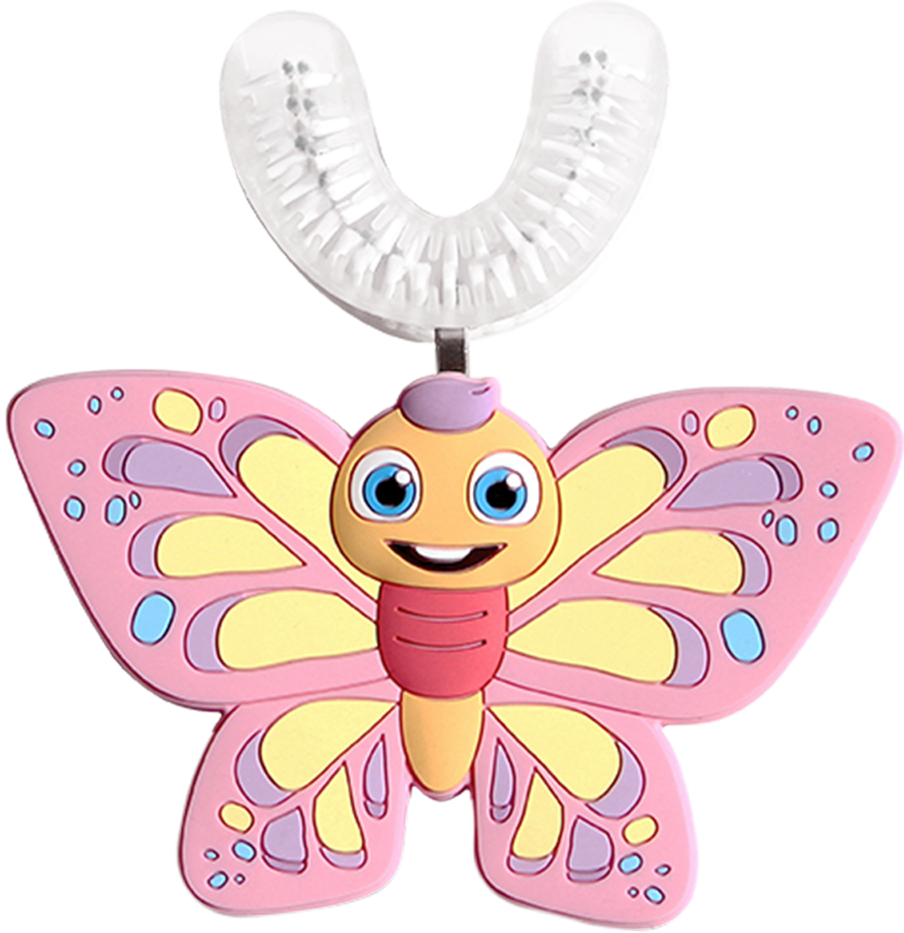 Illustrated butterfly character with a friendly face and colorful wings.