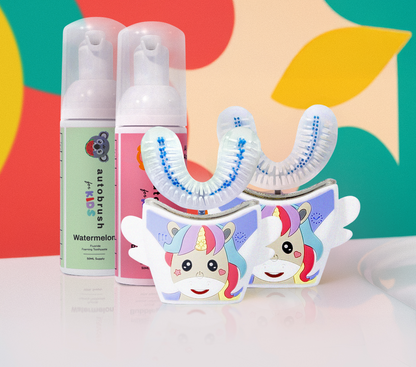 Two kids U-shape toothbrushes with cartoon characters and toothpaste. #siblingpack