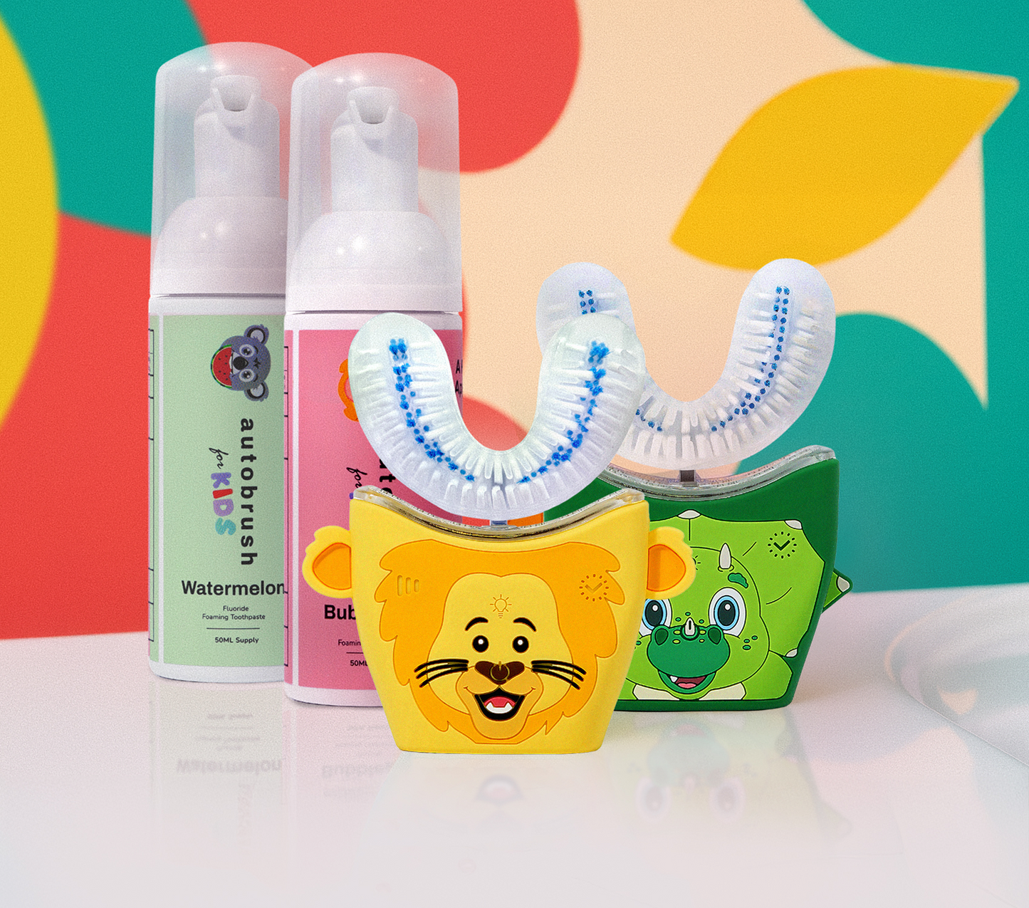 Two kids U-shape toothbrushes with cartoon characters and toothpaste. #siblingpack