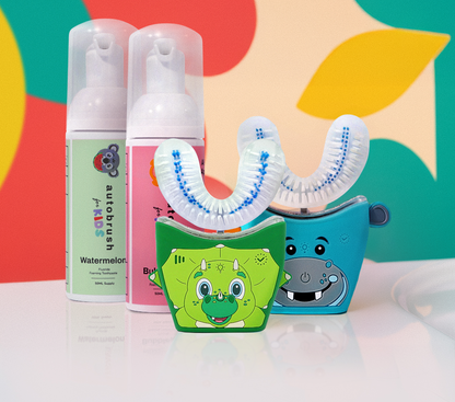 Two kids U-shape toothbrushes with cartoon characters and toothpaste. #siblingpack