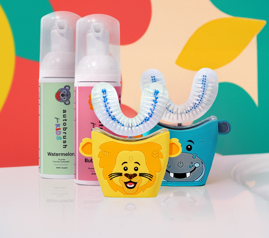 Two kids U-shape toothbrushes with cartoon characters and toothpaste. #siblingpack