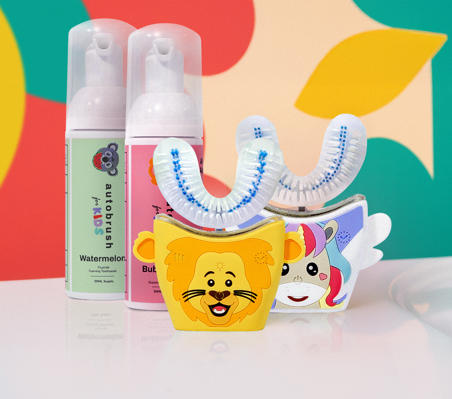 Two kids U-shape toothbrushes with cartoon characters and toothpaste. #siblingpack