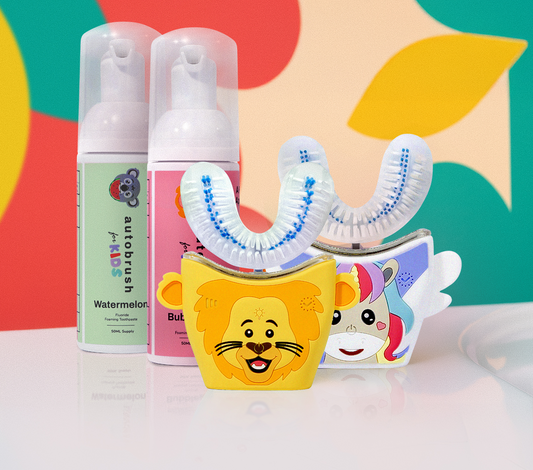 Two kids U-shape toothbrushes with cartoon characters and toothpaste. #siblingpack