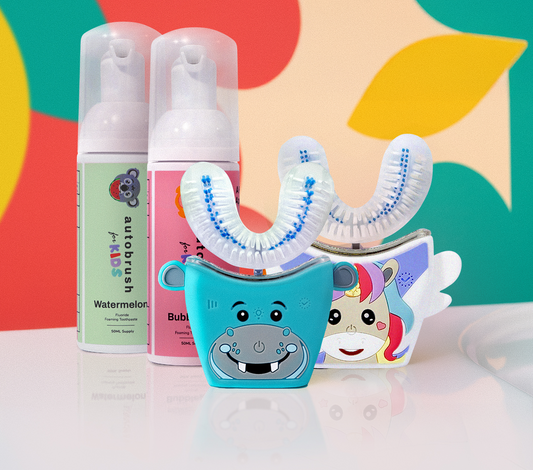 Two kids U-shape toothbrushes with cartoon characters and toothpaste. #siblingpack