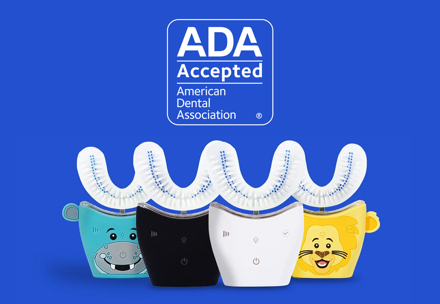 Four U shaped toothbrushes with colorful cases on a blue background, featuring the ADA Accepted logo.