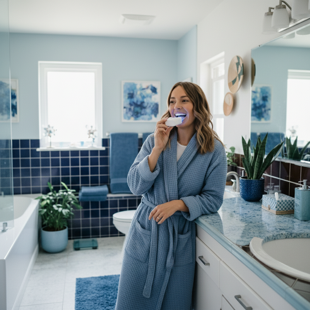 Woman brushing her teeth in a bathroom with blue tiles and decor.