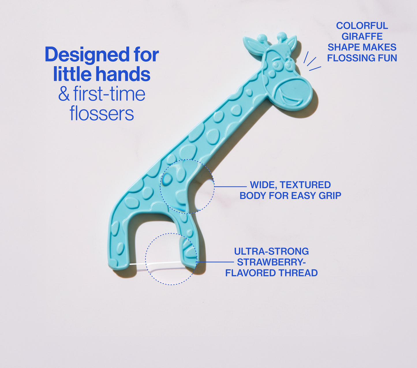 Blue giraffe-shaped flosser with text highlighting features on a light gray background. #flosserss #replenishpack