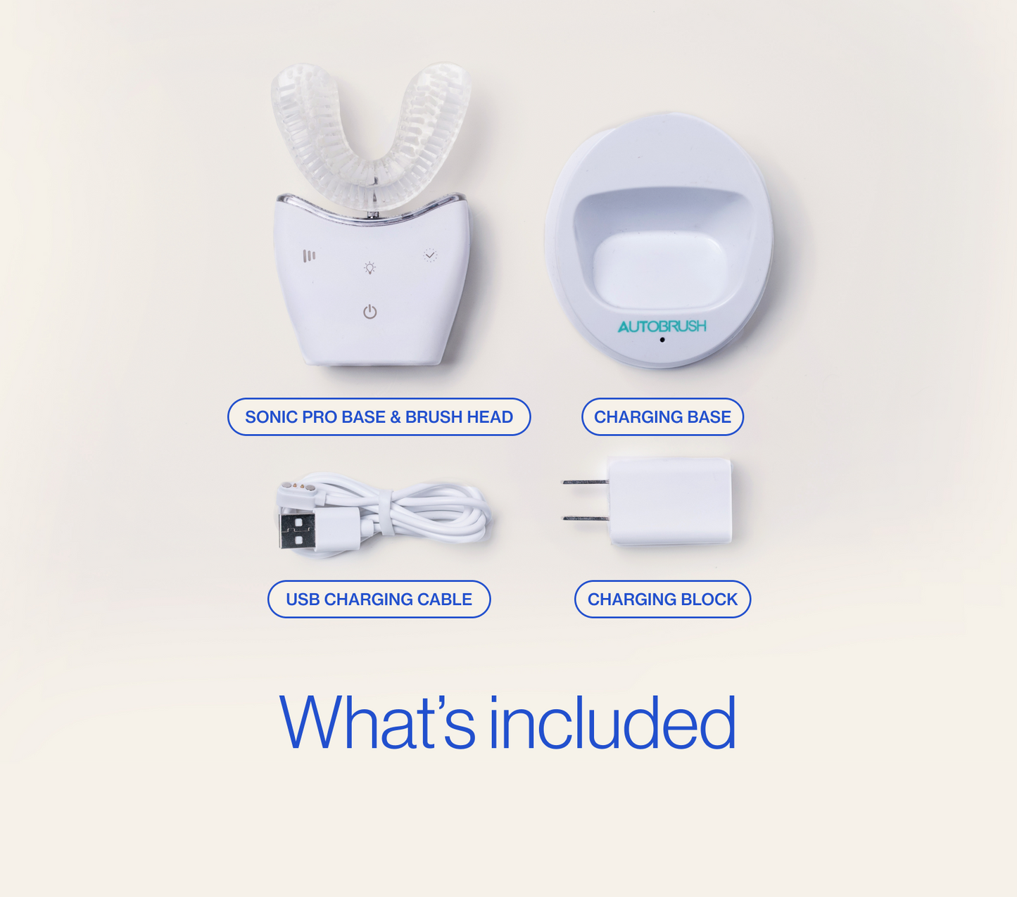 Sonic toothbrush components including base, brush head, charging block, and cable on a light background. Sonic pro brush PDP image. #sonicpro