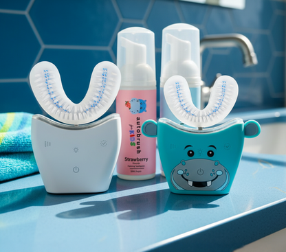 Two U toothbrushes with 1 with cartoon design and 1 white on a bathroom counter. #familypack