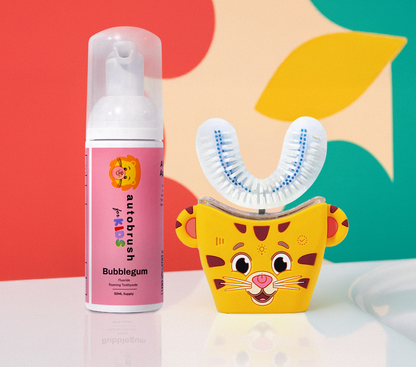 Automated toothbrush and toothpaste with tiger design on a colorful background. #sonicprokidsbundle