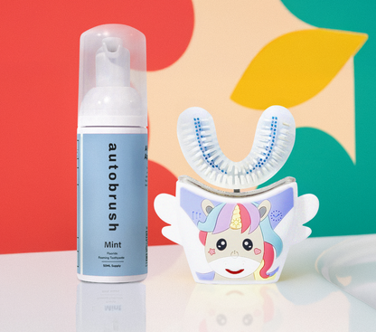 Autobrush mint dental product with a colorful unicorn design on a multicolored background. #sonicprokidsbundle