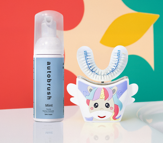 Autobrush mint dental product with a colorful unicorn design on a multicolored background. #sonicprokidsbundle